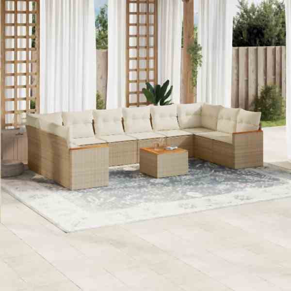vidaXL 11-tlg. Garten-Sofagarnitur mit Kissen Beige Poly Rattan, UV-beständig, 3258733