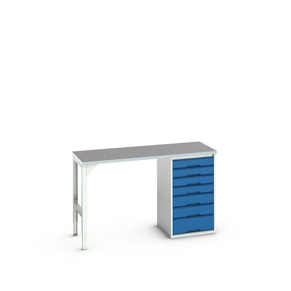 bott verso Unterbauwerkbank (Linoleum-Platte) mit 7 Schubladen (Breite: 525mm) BxTxH: 1500 x 600 x 930 mm, Lichtgrau / Enzianblau, 16921911.11