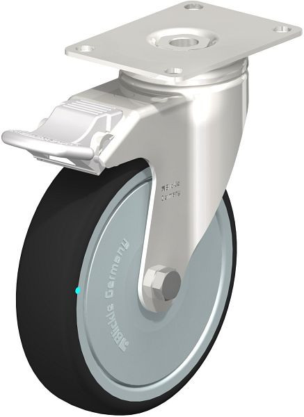 Blickle LKPXA-PATH 126KD-26-FI-FK Edelstahl-Apparate-Lenkrolle mit Anschraubplatte & Feststeller, Thermoplastisches Polyurethan, Grau, 760877