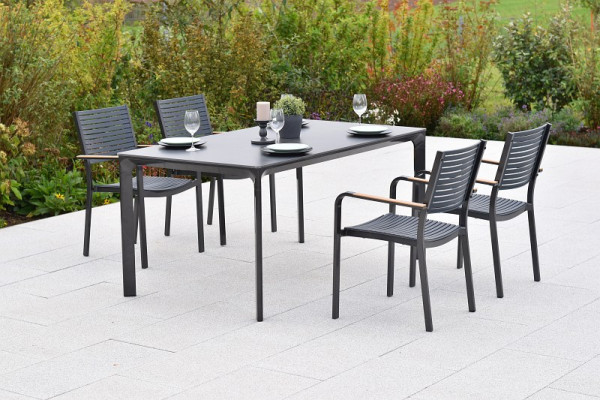 Merxx Paliano Set 5-teilig, 4 Stapelsessel, Sitz- und Rückenfläche aus Kunststoff, 1 Tisch 160x 90 cm, Tischplatte aus Glas in Steinoptik, 50975-217