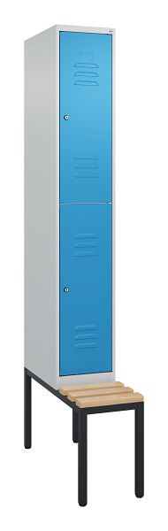 C+P Doppelstöckiger Spind Classic PLUS, 2120x300x815mm, 7035/5012, Zylinderschlösser, Sitzleisten aus Buche, mit untergebauter Sitzbank, 0803507-10 S10094
