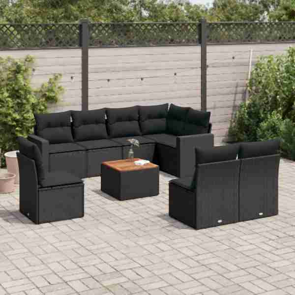 vidaXL 9-tlg. Garten-Sofagarnitur mit Kissen Schwarz Poly Rattan, UV-beständig, 3224158
