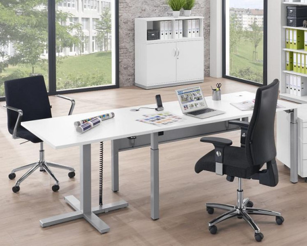 Deskin Sitz-/ Stehtisch MODUL elektromotorisch, höhenverstellbar, Platte Dekor Weiß, Gestell Alusilber, B 800 x T 800 x H 715 - 1205 mm, 294759
