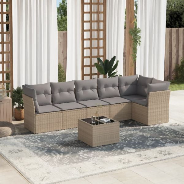 vidaXL 7-tlg. Garten-Sofagarnitur mit Kissen Beige Poly Rattan, 3249508