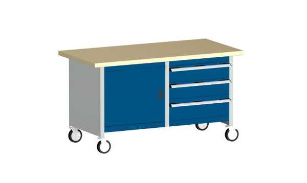 bott cubio Kastenwerkbank mobil 3 Schubladen Tür, Ablage, Multiplex-Arbeitsplatte BxTxH: 1500 x 750 x 840 mm, RAL 7035/5010, 41002100.11V