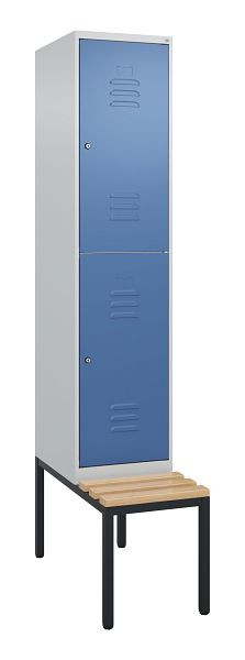 C+P Doppelstöckiger Spind Classic PLUS, 2120x400x815mm, 7035/5023, Zylinderschlösser, Sitzleisten aus Buche, mit untergebauter Sitzbank, 0803507-12 S10095