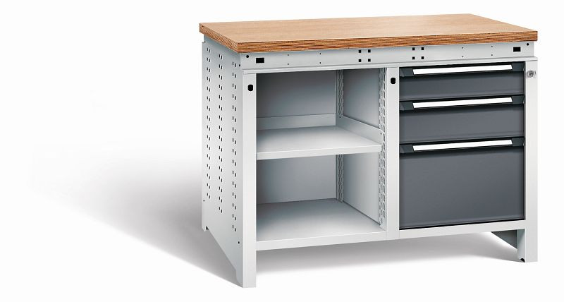 Otto Kind Werkbank Serie function Typ 212, Multiplexplatte, bündig, 2x Unterbau, 1x Zentralverschluss, Gehäuse RAL 7035, Front RAL 7016, 072342149