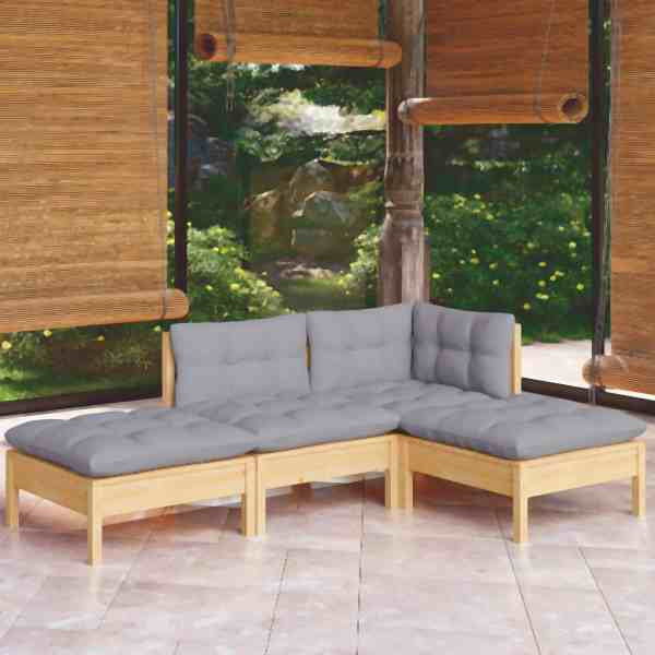 vidaXL 4-tlg. Garten-Lounge-Set mit Grauen Kissen Kiefer Massivholz, 3096285