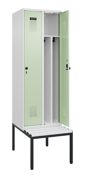 C+P Spind Evolo PLUS, 2 Abteile, 2120x600x815mm, 9016/6019, Drehriegel, Sitzfläche Kunststoff, Sitzbank, 0490507-20F S10073