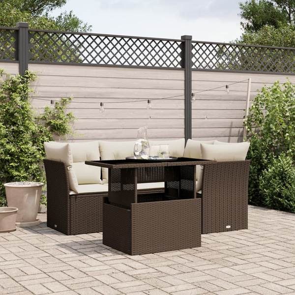 vidaXL 5-tlg. Garten-Sofagarnitur mit Kissen Braun Poly Rattan, UV-beständig, 3266563
