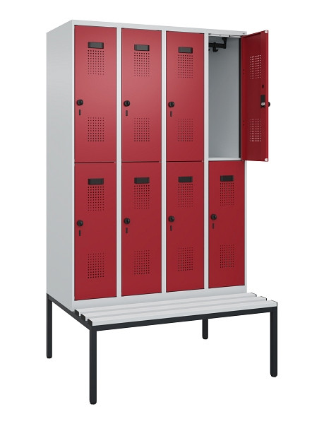 C+P Doppelstock-Spind Evolo PLUS, Bank, 8 Fächer, 2120x1200x815mm, 7035/3003, Drehriegel, Sitzfläche Kunststoff, Sitzbank, 0493507-40 S10085