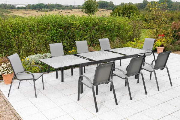 Merxx Amalfi Set 9-teilig, 8 Amalfi Stapelsessel, 1 Semi-Ausziehtisch, 200 (300) x 110 cm, graue Glasplatte, graphit/grau, 50326-309