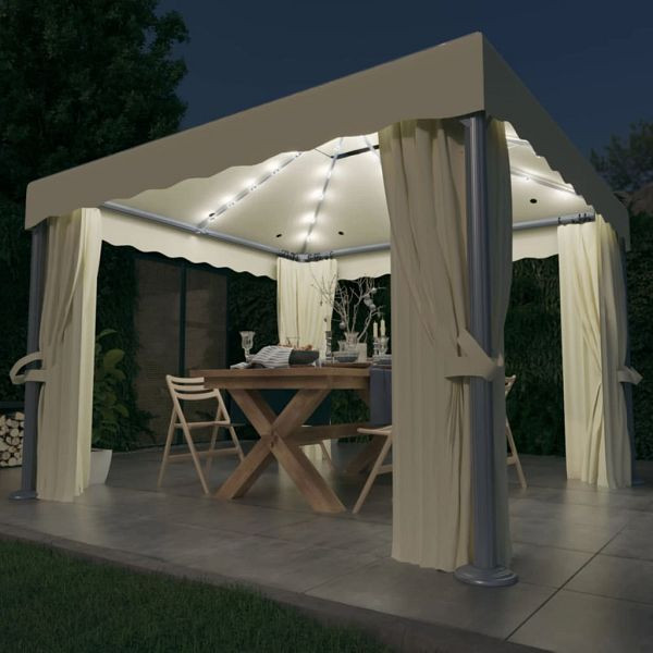 vidaXL Pavillon mit Vorhängen & LED-Lichterkette 3x3 m Cremeweiß, 3070345