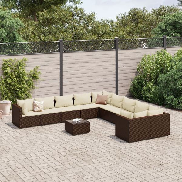 vidaXL 11-teilig Garten-Sofagarnitur mit Kissen Braun Poly Rattan, 3308353