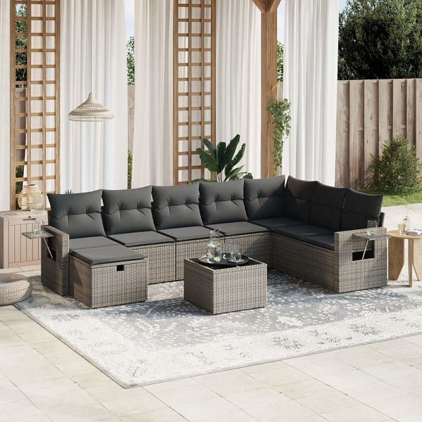 vidaXL 9-teilig Garten-Sofagarnitur mit Kissen Grau Poly Rattan, 3263906