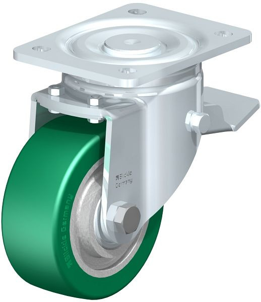 Blickle LH-GST 127K-ST Stahlblech-Lenkrolle, Schwerlast-Ausführung, mit Anschraubplatte & Feststeller, Blickle Softhane®, Grün, 852384