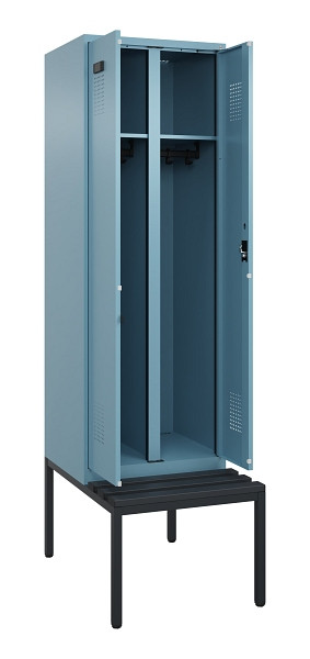 C+P Schwarz-Weiß-Spind Evolo PLUS, Bank, 2 Abteile, 2120x600x815mm, 0010/0010, Zylinderschloss, Sitzfläche Kunststoff, Sitzbank, 0490527-20 S10101