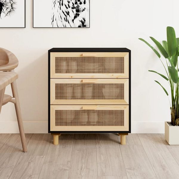 vidaXL Sideboard Schwarz 60x30x70cm Massivholz Kiefer und Natur-Rattan, 345634