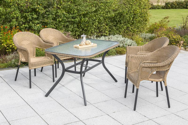 Merxx Ravenna Set 5-teilig, 4 Stapelsessel, 1 Tisch 150 x 85 cm, matte Glasplatte, graphit/natur, Aluminiumgestell mit Kunststoffgeflecht, 50397-211