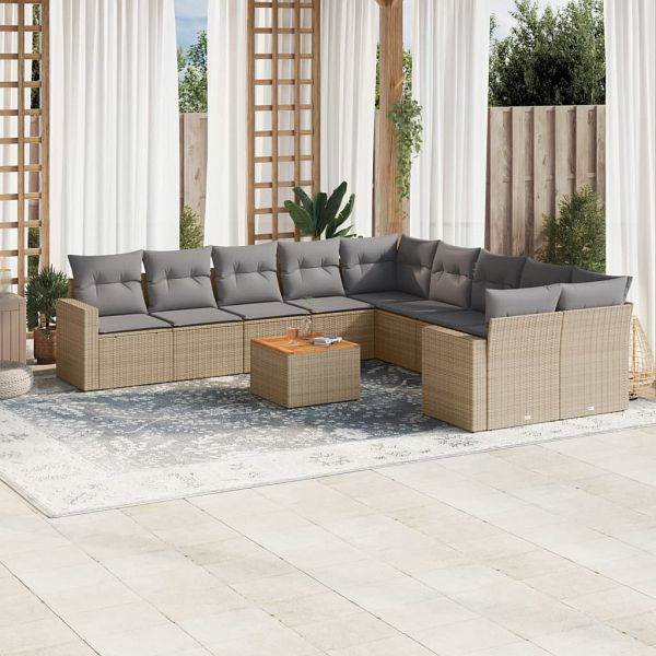 vidaXL 11-tlg. Garten-Sofagarnitur mit Kissen Beige Poly Rattan, 3224316