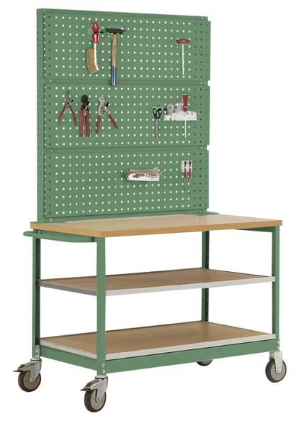 Manuflex Mobile Werkbank Modell 3 mit geölter Multiplex-Abdeckplatte 30 mm BxTxH 1135 x 590 x 810 mm, resedagrün, MW2011.6011