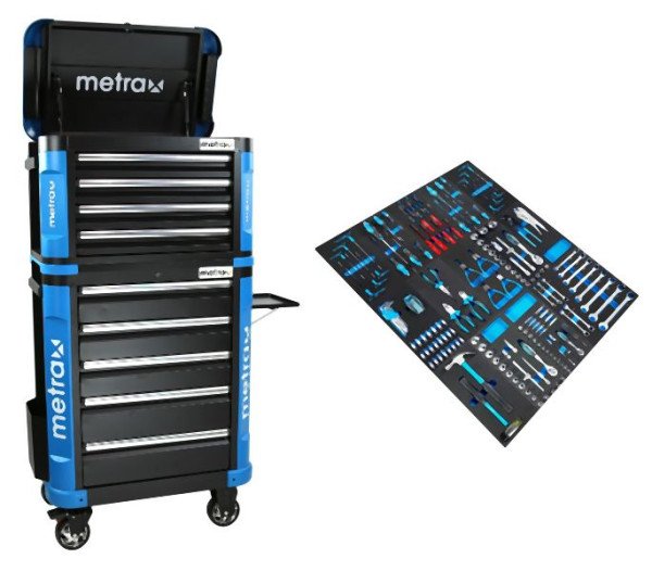 Metra Werkstattwagen mit Aufsatz, gefüllt, 9 Schubladen, blau-schwarz, 999010540