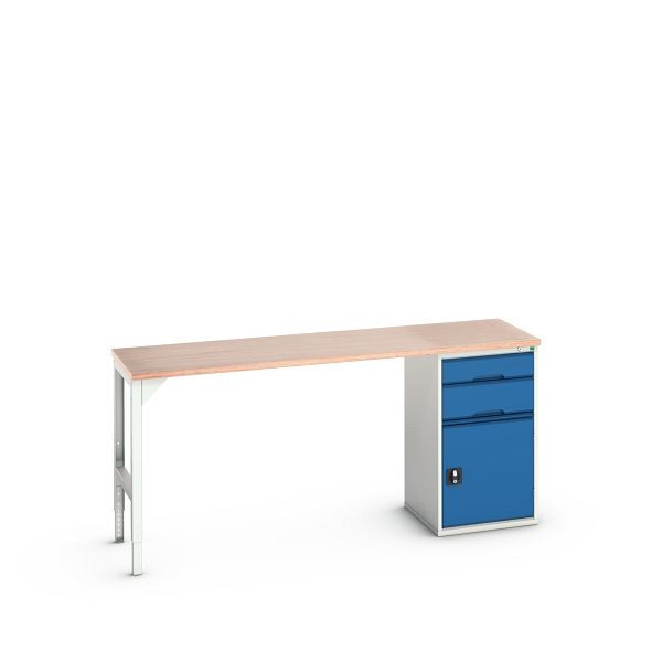 bott verso Unterbauwerkbank (Multiplex) mit 2 Schubladen, 1 Tür (Breite: 525mm) BxTxH: 2000 x 600 x 930 mm, Lichtgrau / Enzianblau, 16921952.11