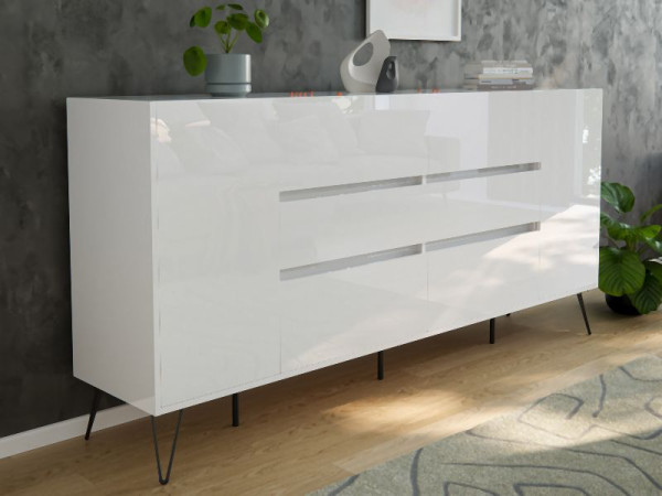 Posseik Sideboard Industrial R 200cm 6 Schubladen 2 Türen Weiß hochglanz, PN2095X0000002DE