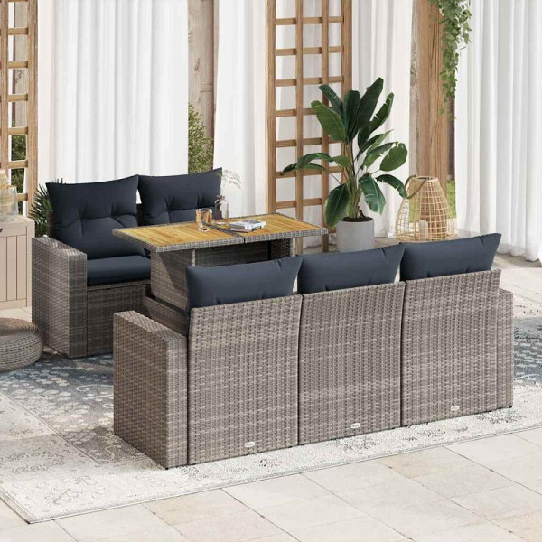 vidaXL 6-teilige Garten-Sofagarnitur mit Kissen Grau Poly Rattan, 3326994