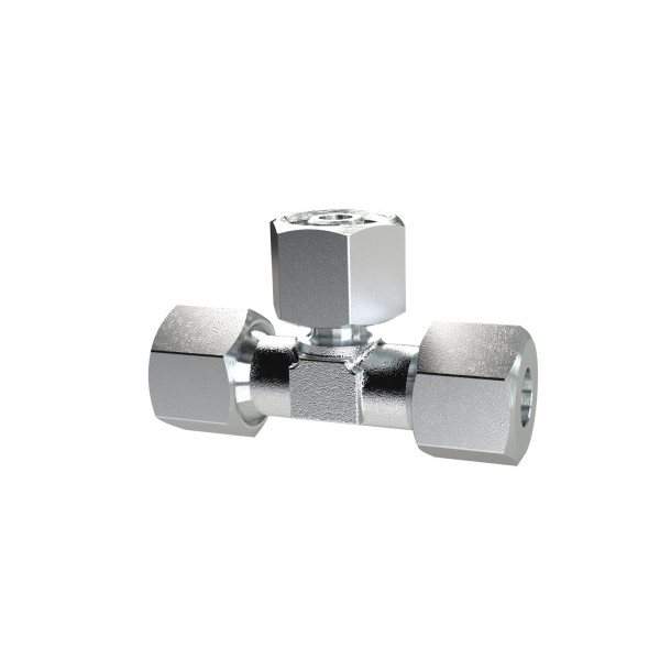 Riegler Einst. T-Anschlussverschraubung, Dichtkegel, 360° drehbar, Mutter M12x1,5 innen, Rohr-Außen-Ø 6 mm, PN max. 315 bar, Stahl verzinkt, 159015