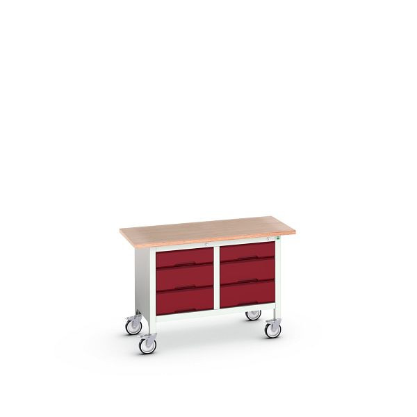 bott verso mobile Kastenwerkbank (Multiplex) mit 6 Schubladen, BxTxH: 1250 x 600 x 830 mm, Lichtgrau / Purpurrot, 16923204.24