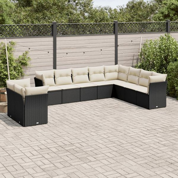 vidaXL 10-tlg. Garten-Sofagarnitur mit Kissen Schwarz Poly Rattan, 3249695