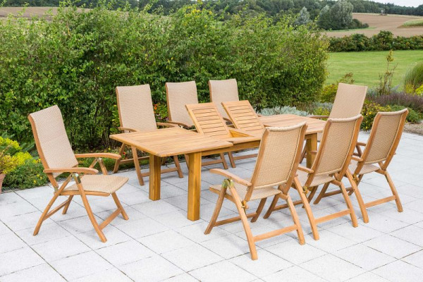 Merxx Capri Set 9-teilig, 8 Capri Klappsessel, 1 Doppelausziehtisch 180 (220/260) x 100 cm, Akazienholz, Natur, 50458-264