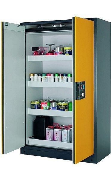 asecos Sicherheitsschrank Q-CLASSIC-90, Q90.195.120 in sicherheitsgelb RAL 1004 mit 3x Wannenboden Standard (Stahlblech), 30001-040-30007