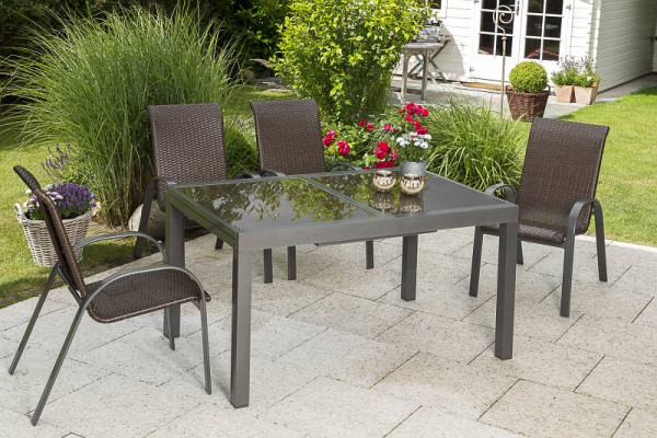 Merxx Varese Set 5-teilig, 4 Varese Stapelsessel, 1 Ausziehtisch 120 (180) x 90 cm, graphit/braun, Aluminiumgestell mit Kunststoffgeflecht, 50379-910