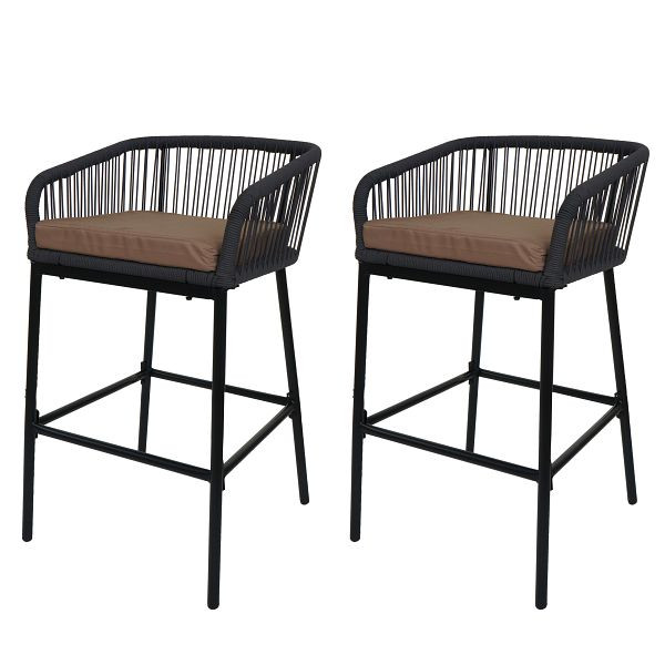Mendler 2er-Set Rope-Barhocker HWC-O22, Tresenhocker, Outdoor Sitzpolster Seilgeflecht Metall, anthrazit, Kissen taupe, 110994