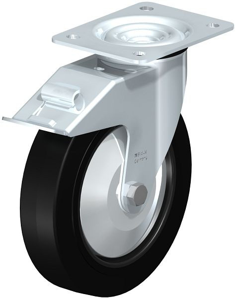 Blickle LE-POEV 200K-FI-FA Stahlblech-Lenkrolle mit Anschraubplatte & Feststeller, Elastik-Vollgummi, Schwarz, 749632