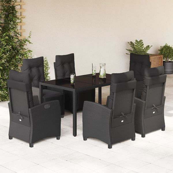 vidaXL 7-teilig Garten-Essgruppe mit Kissen Schwarz Poly Rattan, 3212891