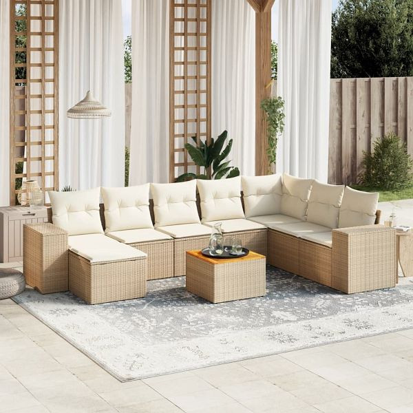 vidaXL 9-teilig Garten-Sofagarnitur mit Kissen Beige Poly Rattan, 3225582