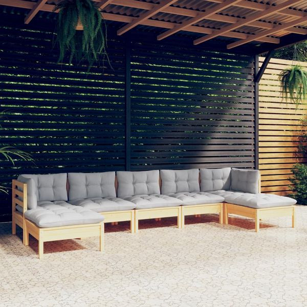vidaXL 7-tlg. Garten-Lounge-Set mit Grauen Kissen Kiefernholz, 3097090