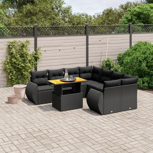 vidaXL 9-teilig Garten-Sofagarnitur mit Kissen Schwarz Poly Rattan, 3272119