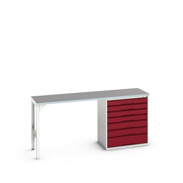 bott verso Unterbauwerkbank (Linoleum-Platte) mit 7 Schubladen (Breite: 800mm) BxTxH: 2000 x 600 x 930 mm, Lichtgrau / Purpurrot, 16921964.24