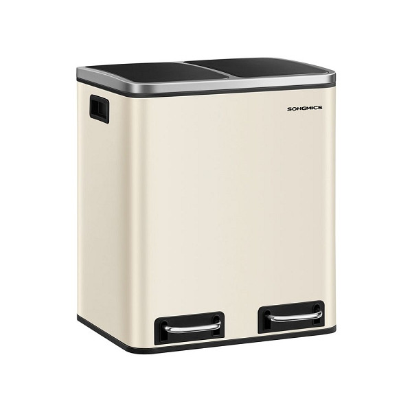 SONGMICS Mülltrennsystem 2 Fächer 2 x 15 L mit Deckel sandbeige-tintenschwarz, LTB30A02