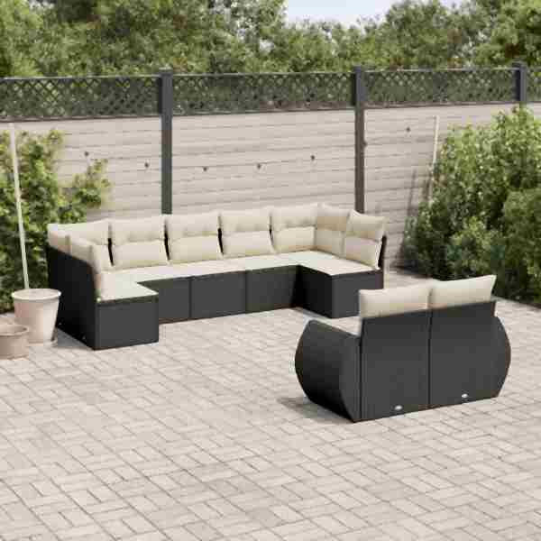 vidaXL 9-tlg. Garten-Sofagarnitur mit Kissen Schwarz Poly Rattan, UV-beständig, 3221815