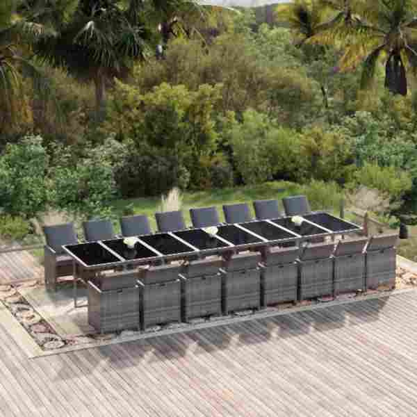 vidaXL 17-tlg. Garten-Essgruppe mit Kissen Grau Poly Rattan, 3095671