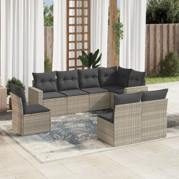vidaXL 8-tlg. Garten-Sofagarnitur mit Kissen Hellgrau Poly Rattan, 3251409