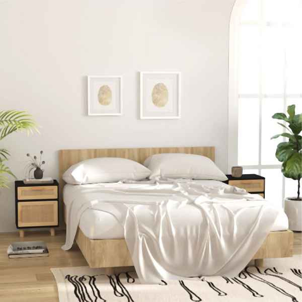 vidaXL Nachttische 2 Stück Schwarz Massivholz Kiefer und Natur-Rattan, 345609