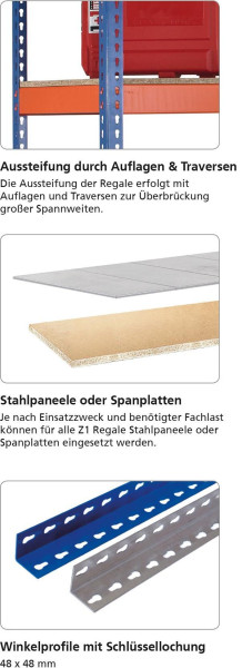 Schulte Grundregal, Weitspannregal Z1 mit Spanplatten, 2438 x 2146 x 621 mm, blau/orange/verzinkt, 4 Ebenen, Fachlast 577 kg, Feldlast 2.800 kg, 18291-N