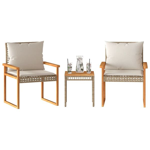vidaXL 3-teilig Bistro-Set mit Kissen Beige Poly Rattan Akazienholz, 365861