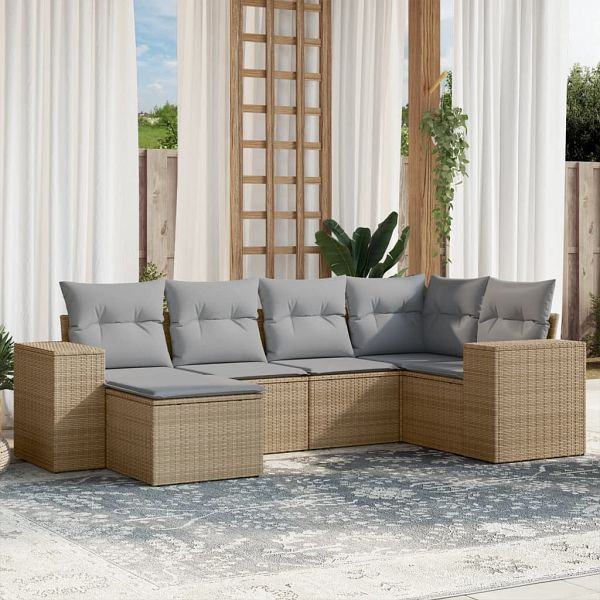 vidaXL 6-teilig Garten-Sofagarnitur mit Kissen Beige Poly Rattan, 3222858